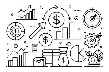 Fototapeta premium Continuous line art graphic depicting financial growth and money isolated on transparent background
