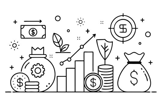 Continuous line art graph depicting financial growth isolated on transparent background