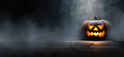 Jack o' lantern with glowing face on dark background surrounded by fog creates a spooky Halloween atmosphere