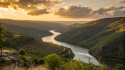 Scenic landscape of the Bibei River Canyon in Viana do Bolo, Galicia, captured at sunset, showcasing the serene river against a backdrop of lush hills and a tranquil atmosphere