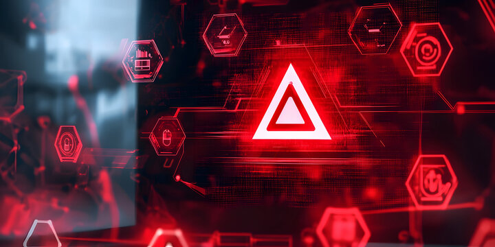 Cybersecurity warning concept with red alert icons and data graphics on transparent futuristic screen interface over digital background.