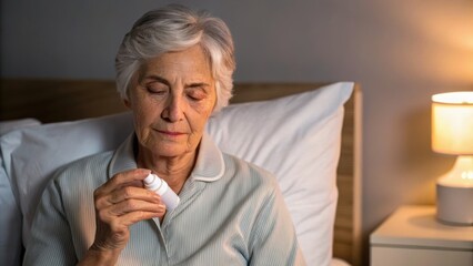 An elderly woman sits on a bed, holding a medication bottle, appearing thoughtful in a softly lit room.