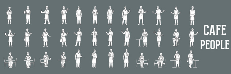 Architectural Drawings Cafe people vector illustration, front view, human person Minimal style hand drawn. Sections, Elevations, Floor Plans