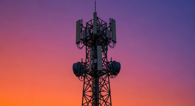 Telecommunications tower with antennas against a vibrant sunset sky