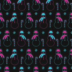 Outline style snowman and snowflakes vector seamless pattern Winter, New Year and Christmas Texture Creative neon gift wrapping paper design, wallpaper, fabric textile prints, card or banner template