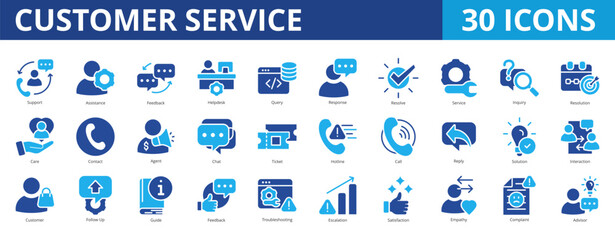 Customer service icon pack dual tone collection set with support, assistance, feedback, helpdesk, query, response, resolve, service, inquiry, resolution, care, contact, agent, chat, ticket, hotline