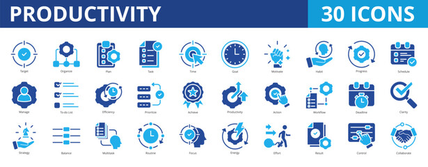 Productivity icon pack dual tone collection set with target, organize, plan, task, goal, time, motivate, habit, progress, schedule, manage, to-do list, efficiency, prioritize, productivity, action