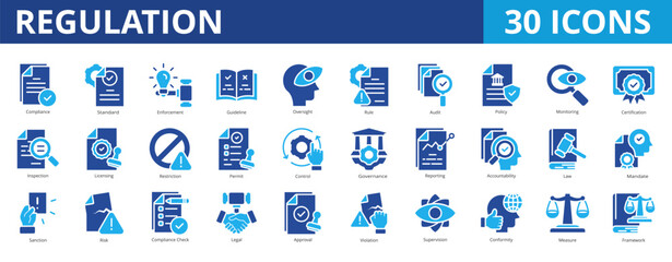 Regulation icon pack dual tone collection set with compliance, standard, enforcement, guideline, oversight, rule, audit, policy, monitoring, certification, inspection, licensing, restriction, permit