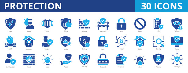Protection icon pack dual tone collection set with shield, guard, armor, safety, defense, barricade, secure, block, policy, vigilance, fortify, lockdown, safeguard, sentinel, custody, lock, encrypt