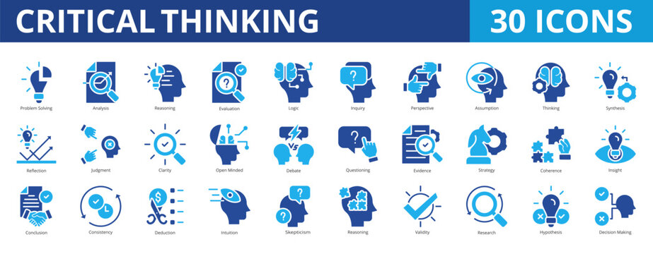 Critical thinking icon pack dual tone collection set with problem solving, analysis, reasoning, evaluation, logic, inquiry, perspective, assumption, thinking, synthesis, reflection, clarity