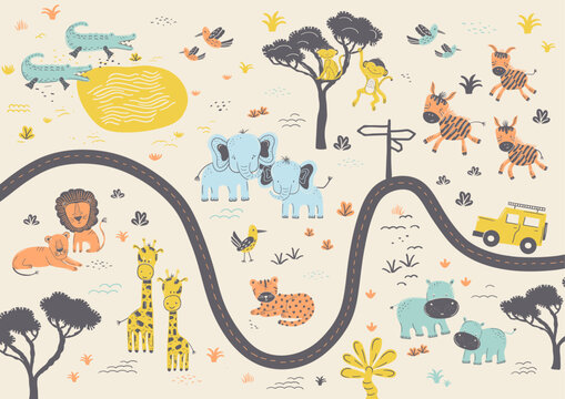 Cute Safari Adventure Illustrated Map