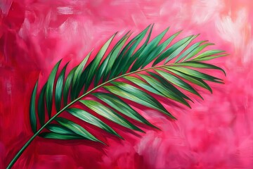 Vibrant palm leaf on a textured hot pink background.