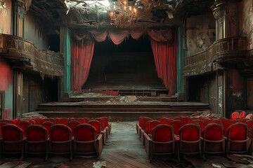 realistic illustration of an abandoned theater interior with torn velvet seats
