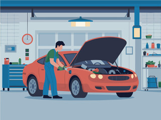 Mechanic repairing a red car engine in a garage workshop man auto hood flat tools motor parts fixing