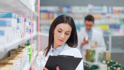 Smiling pharmacist standing near racks with drugs. Female druggist standing near shelves with...
