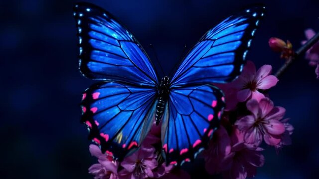 A brilliantly blue butterfly with iridescent highlights, seemingly glowing against a dark background