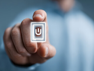 Close-Up of Businessman Pressing Virtual Power Button Icon in Office