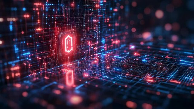 Cybersecurity conceptualization with a glowing digital shield and network lights