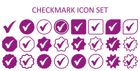 Purple checkmark icon set. Accept checkmark icon set. Approved symbol. Checklist chechkmark icon symbols vector illustration
