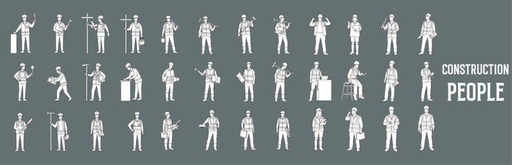 Architectural Drawings construction people vector illustration, front view, human person Minimal style hand drawn. Sections, Elevations, Floor Plans