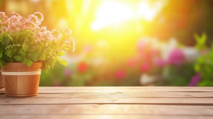 Fototapeta premium Sunlight illuminating a potted flower on a wooden table in a garden setting