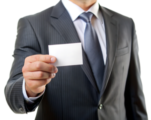 business man hand holding business card isolated on a white background, PNG, AI