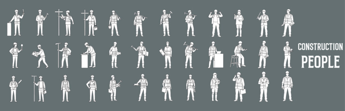 Architectural Drawings construction people vector illustration, front view, human person Minimal style hand drawn. Sections, Elevations, Floor Plans