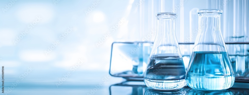 Poster two erlenmeyer flasks containing chemical liquids, one blue and one transparent, inside a laboratory