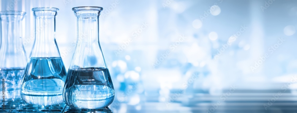 Poster erlenmeyer flasks containing blue liquid in a laboratory setting, conducting scientific experiments 