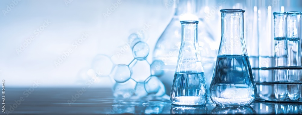 Poster laboratory glassware containing blue liquid stands on table next to molecular model in modern labora