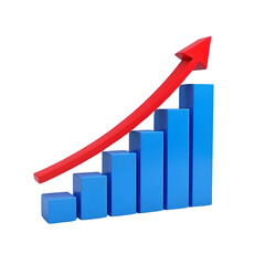 3d blue bar graph with red upward arrow isolated on transparent background