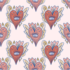 Sacred hearts seamless pattern mystical boho hand drawn sketchy style handmade illustration. Trendy bohemian vintage love symbol element in catholic aesthetic Valentine burning heart day clip-art