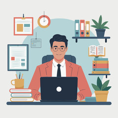 Businessman working on laptop at modern office desk with documents job team flat style clean career