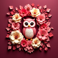 Charming owl surrounded by colorful flowers.