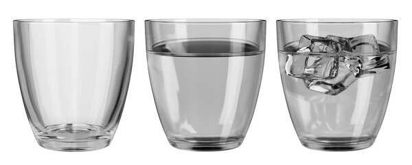 Set of glass glasses for water. Empty glass. Set of glass mugs, glasses. Glass with water and ice cubes. Glass with water. 3d render.
