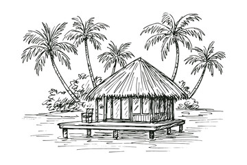 Water bungalow with palm trees sketch style black on white vector illustration © Victoria