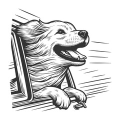 happy dog with its head out of a moving car window, fur blowing in the wind sketch engraving generative ai vector illustration. Scratch board imitation. Black and white image.