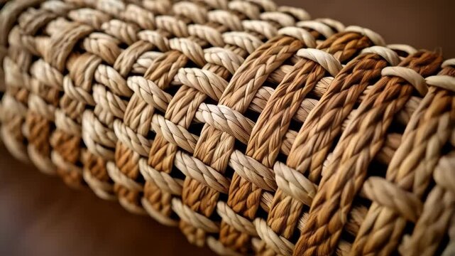 Detailed macro view of woven natural fiber texture, creating an intricate pattern and showing the tight interlaced strands of beige material.