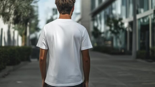 Man in white t-shirt walking on a sidewalk in an urban setting