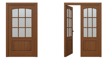 Isolated wooden door with glass panels, open and closed