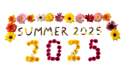 Numbers 2025 and text Summer 2022 made of colorful flowers on transparent background.
