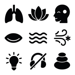Mindfulness Icon Set. Solid, filled icons set of mindfulness and relaxation: breathing lungs, lotus flower,