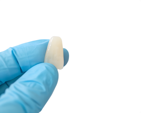 A gloved hand holds a small, white dental retainer against a transparent background. The retainer is shaped like a thin, curved shell.