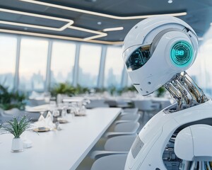 A robot is standing in front of a table with a white tablecloth