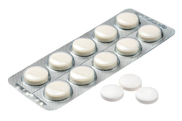 A pack of white round tablets on a transparent background. The blister pack contains twelve tablets, with three tablets placed beside it.
