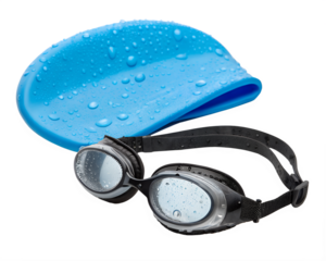 Black swimming goggles with clear lenses and a blue silicone swim cap with water droplets on a transparent background.