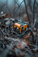 A robot is walking on the ground with a yellow and black body