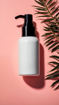 Light and minimaliostic mockup of white pump bottle isolated on clean pastel light pink background and palm branck aside. Perfime cosmetics cologne advertisement template.