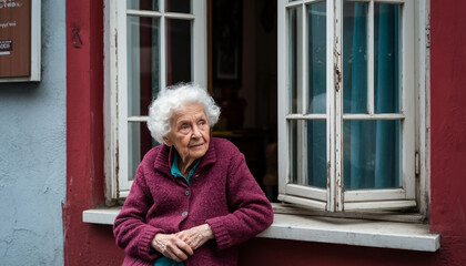 Lonely old woman sitting under the window of a house on the street. Generated by AI.