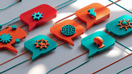 Abstract colorful speech bubbles displaying various symbols illustrating communication and technology